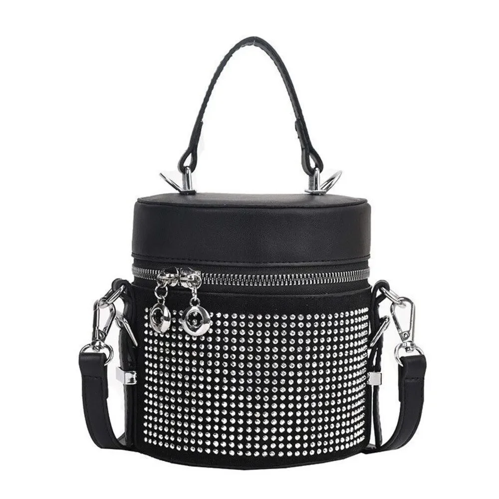 Women's Black Rhinestone Bucket Satchel Crossbody Handbag